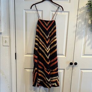 Anthropologie Runi midi slip Chevron Backless Dress in Black, Orange, and Cream